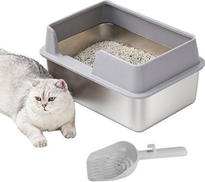 Produktbild von SURFOU Katzenecktoilette Katzenklo Edelstahl-Katzentoilette Spritzschutz, leicht zu reinigen, 50 x 35 x 20 cm, für kleine und mittelgroße Katzen,Kaninchen,Frettchen