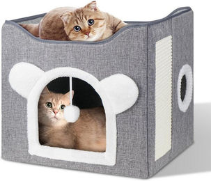 Produktbild von SURFOU Katzenhaus Katzenbett Hundehöhle, faltbares Katzenhaus mit Kratzbrett, 39x39x38cm, Flauschig mit Spielball, für innen/draußen, stabile Katzenhöhle