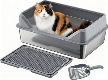 Produktbild von SURFOU Katzentoilette Edelstahl Katzentoilette Stainless Steel Litter Box 50 x 35 x 20cm, mit Katzenstreumatte Katzenstreu High-Sided Katzenklo Edelstahlklo
