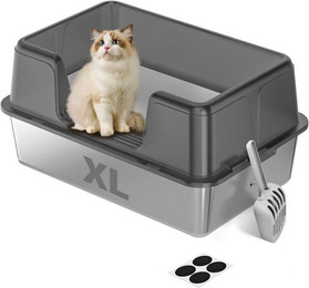 Produktbild von SURFOU Katzentoilette Katzenklo Edelstahl xxl, Halb-Offen Katzentoilette Hoher Rand mit Sieb, 60x40x31,5cm für Große Katzen, Geruchsfreie mit Anti-Rutsch-Matte