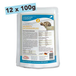 SALiNGO Katzennassfutter Huhn und Lachs getreidefrei für erwachsene Katzen 12x100g – Bild 1 von 2
