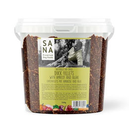 Produktbild von Sanal Premium Hundefutter Luftgetrocknete Entenfilets mit Alge und Aprikose 500g Eimer