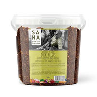 Produktbild von Sanal Premium Hundefutter Luftgetrocknete Entenfilets mit Alge und Aprikose 500g Eimer