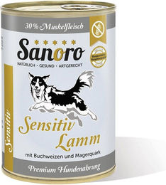 Produktbild von Sanoro Hund Nassfutter Menü Sensitiv Lamm mit Karotte und Buchweizen Stückchen in Sauce Getreidefrei und Hypoallergen 400g - 12 x 400 g