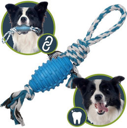 Sarcia.eu Tiertau Zerrspielzeug mit Ball für Hunde aus Baumwolle Blau Weiß 3in1 zum Apportieren Ziehen und Kauen – Bild 1 von 3