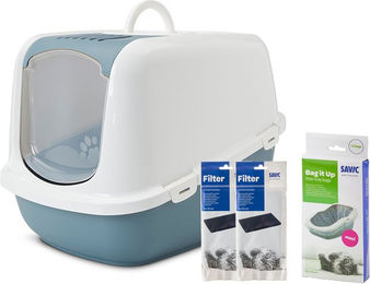 Produktbild von Savic Katzentoilette Nestor Jumbo Haubentoilette Blau Weiß mit Filtern und Beuteln