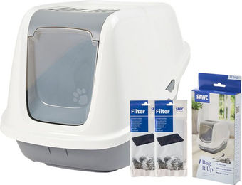 Produktbild von Savic Katzentoilette Nestor Starterset Haubentoilette Grau Weiß aus Kunststoff mit 2 Filtern und 12 Beuteln