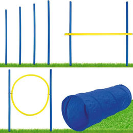 Schecker Dog Agility Set für Hunde mit Hürde, Tunnel, Reifen und Aufbewahrungstasche in Blau/Bunt – Bild 1 von 5