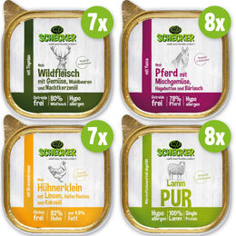 Schecker Hund Nassfutter Monatsmenü für Adult Hunde mit Wild, Pferd, Huhn und Lamm Hypoallergen ohne Zucker 30 x 200g - 30 x 200 g – Bild 1 von 3