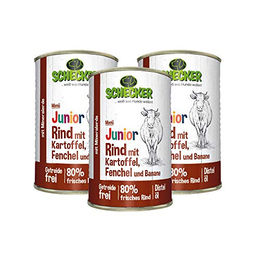 Schecker Hundemenü Junior Rind mit Kartoffel Fenchel und Banane 3 x 410 g getreidefrei und glutenfrei mit hohem Fleischanteil - 3 x 410 g – Bild 1 von 4