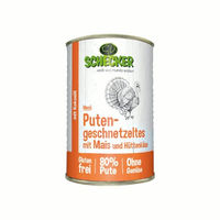 Produktbild von Schecker Hundemenü Putengeschnetzeltes mit Mais und Hüttenkäse glutenfrei 410g