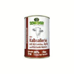 Schecker Nassfutter Kalbsallerlei mit Hüttenkäse, Apfel und Kräutern, getreidefrei und monoprotein, 410g - 410 g – Bild 1 von 1
