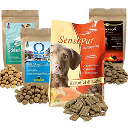 Schecker Premium Trockenfutter Testpaket für erwachsene Hunde mit 4 Sorten Geflügel Lachs und Strauß zur Gewichtskontrolle und für Haut & Fell – Bild 1 von 7