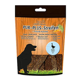 Schecker PUR Plus Kaustreifen Gans und Karotte getrocknet Hundesnack 100g getreidefrei und glutenfrei - 100 g – Bild 1 von 3