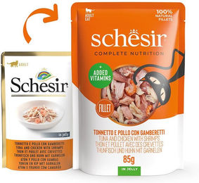 Schesir Cat Complete Katzen Nassfutter Thunfisch Huhn Garnele in Gelee 12x85 g – Bild 1 von 2