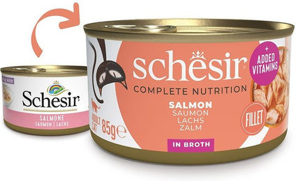 Schesir Cat Complete Katzenfutter Lachs in Brühe Stückchen in Sauce 12x85 g – Bild 1 von 2