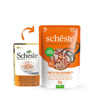 Produktbild von Schesir Cat Complete Katzenfutter Thunfisch Huhn Garnele in Gelee 12x85 g