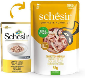 Produktbild von Schesir Cat Complete Katzenfutter Thunfisch mit Huhn in Gelee 12x85 g