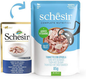 Schesir Cat Complete Katzenfutter Thunfisch mit Wolfsbarsch in Gelee 12x85 g – Bild 1 von 3