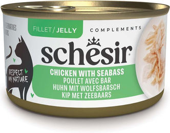 Produktbild von Schesir Complements Katzen Nassfutter Huhn mit Seebarsch Stückchen in Gelee 24 x 70 g