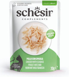 Produktbild von Schesir Complements Katzen Nassfutter Huhn mit Wolfsbarsch Stückchen in Gelee Adult 6 x 70 g Beutel glutenfrei - 6 x 70 g
