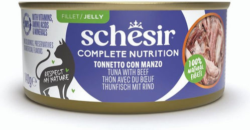 Produktbild von Schesir Complete Nutrition Katzen Nassfutter Adult Stückchen in Gelee Thunfisch mit Rind Glutenfrei 6 x 140 g Dosen - 6 x 140 g