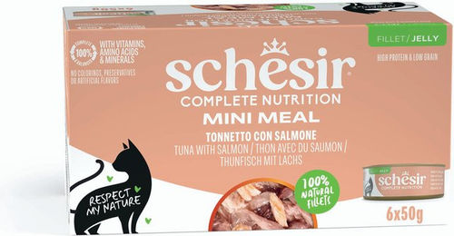 Produktbild von Schesir Complete Nutrition Katzen Nassfutter Adult Thunfisch mit Lachs in Gelee 6 x 50 g Dosen
