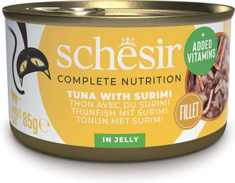 Produktbild von Schesir Complete Nutrition Katzen Nassfutter Adult Thunfisch mit Surimi und Garnele in Gelee glutenfrei 6 x 85 g Dosen - 6 x 85 g
