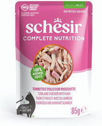 Schesir Complete Nutrition Katzen Nassfutter Adult Thunfisch und Huhn in Gelee 6 x 85 g Beutel – Bild 1 von 2