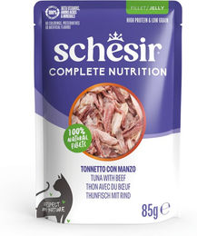 Produktbild von Schesir Complete Nutrition Katzen Nassfutter Filet in Gelee Thunfisch mit Rind Adult 24 x 85 g