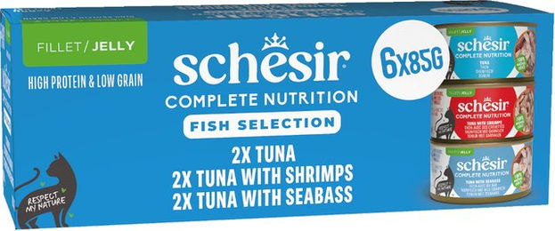 Schesir Complete Nutrition Katzen Nassfutter Mixpaket Stückchen in Gelee mit Thunfisch und Garnele für Adult 6 x 85 g - 6 x 85 g – Bild 1 von 5