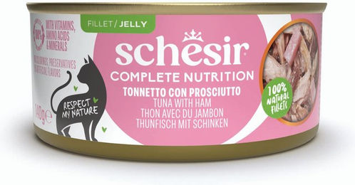 Produktbild von Schesir Complete Nutrition Katzenfutter Adult Thunfisch mit Schinken in Gelee 6 x 140 g glutenfrei - 6 x 140 g
