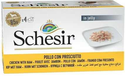 Schesir Hund Nassfutter Huhn mit Stückchen in Gelee ohne Konservierungsstoffe und Aromastoffe 4x85 g – Bild 1 von 1