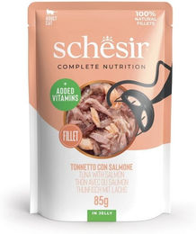 Schesir Katzen Nassfutter Adult Stückchen in Gelee Thunfisch und Lachs 85g glutenfrei – Bild 1 von 2