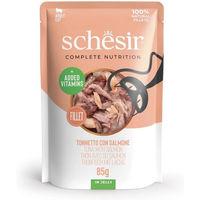 Produktbild von Schesir Katzen Nassfutter Adult Stückchen in Gelee Thunfisch und Lachs 85g glutenfrei