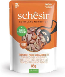 Schesir Katzen Nassfutter Adult Thunfisch Huhn und Garnele in Gelee glutenfrei - 20 x 85 g – Bild 1 von 4