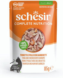 Schesir Katzen Nassfutter Stückchen in Gelee Thunfisch Huhn Garnele Adult 6 x 85 g – Bild 1 von 2