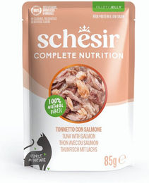Schesir Katzen Nassfutter Stückchen in Gelee Thunfisch und Lachs Adult 6 x 85 g – Bild 1 von 4