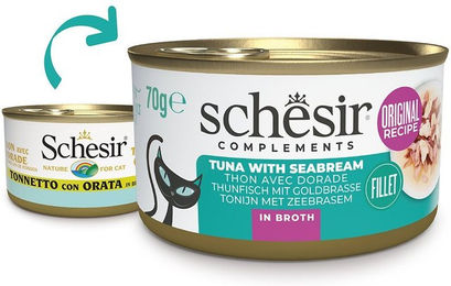 Produktbild von Schesir Katzen Nassfutter Thunfisch mit Goldbrasse in Brühe 12x70 g
