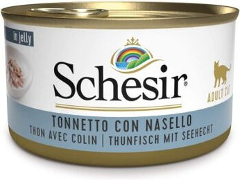 Produktbild von Schesir Katzenfutter Adult Thunfisch mit Seehecht Stückchen in Gelee 12x85g
