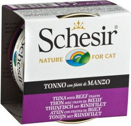Produktbild von Schesir Katzenfutter Stückchen in Gelee Thunfisch mit Rinderfilet hypoallergen 12x85g