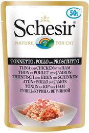 Produktbild von Schesir Katzenfutter Thunfisch Huhn mit Schinken für alle Altersstufen 30x50g