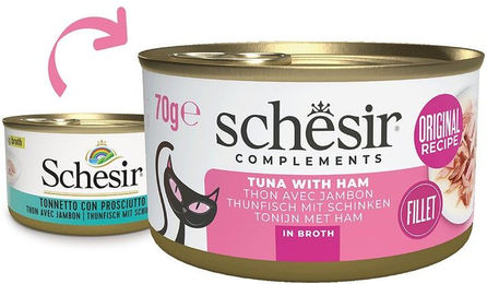 Produktbild von Schesir Katzenfutter Thunfisch mit Schinken in Soße 12x70 g ohne Farb- und Aromastoffe