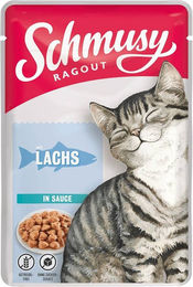 Produktbild von Schmusy Katzenfutter Ragout mit Lachs in Sauce getreidefrei Adult 22x100g