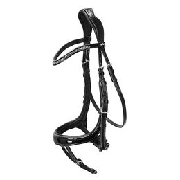 Schockemöhle EQUITUS BETA Glam anatomische Spezialtrense aus Leder Schwarz Patent Lack mit Silber für Warmblut WB – Bild 1 von 3