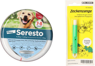 Produktbild von Seresto Halsband für große Hunde gegen Zecken und Flöhe mit Zeckenzange Set in Grün