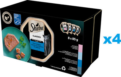 Produktbild von Sheba Classics Nassfutter für adulte Katzen mit Lachs, Weißfisch, Thunfisch und Gemüse 32x85 g - 32 x 85 g
