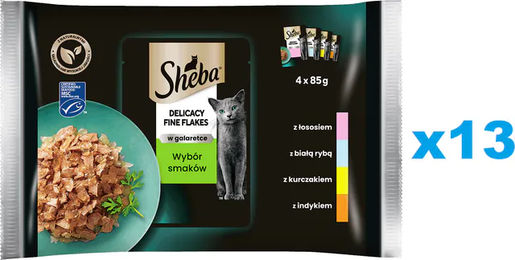Sheba Delicacy Fine Flakes Katzen Nassfutter für Adult Katzen mit Lachs Weißfisch Huhn und Truthahn in Gelee 52x85g - 52 x 85 g – Bild 1 von 4
