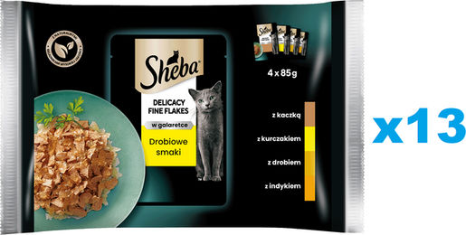 Produktbild von Sheba Delicacy Fine Flakes Nasskatzenfutter mit Ente, Huhn, Geflügel und Pute in Gelee für adulte Katzen 52x85 g - 52 x 85 g