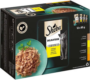 Produktbild von Sheba Delikatesse Geflügel Variation Stückchen in Gelee Katzenfutter Adult 96x85g